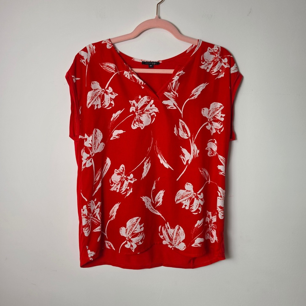Papermoon Red White Floral Cap Sleeve V-Neck Mixed Media Blouse Top MP Petite